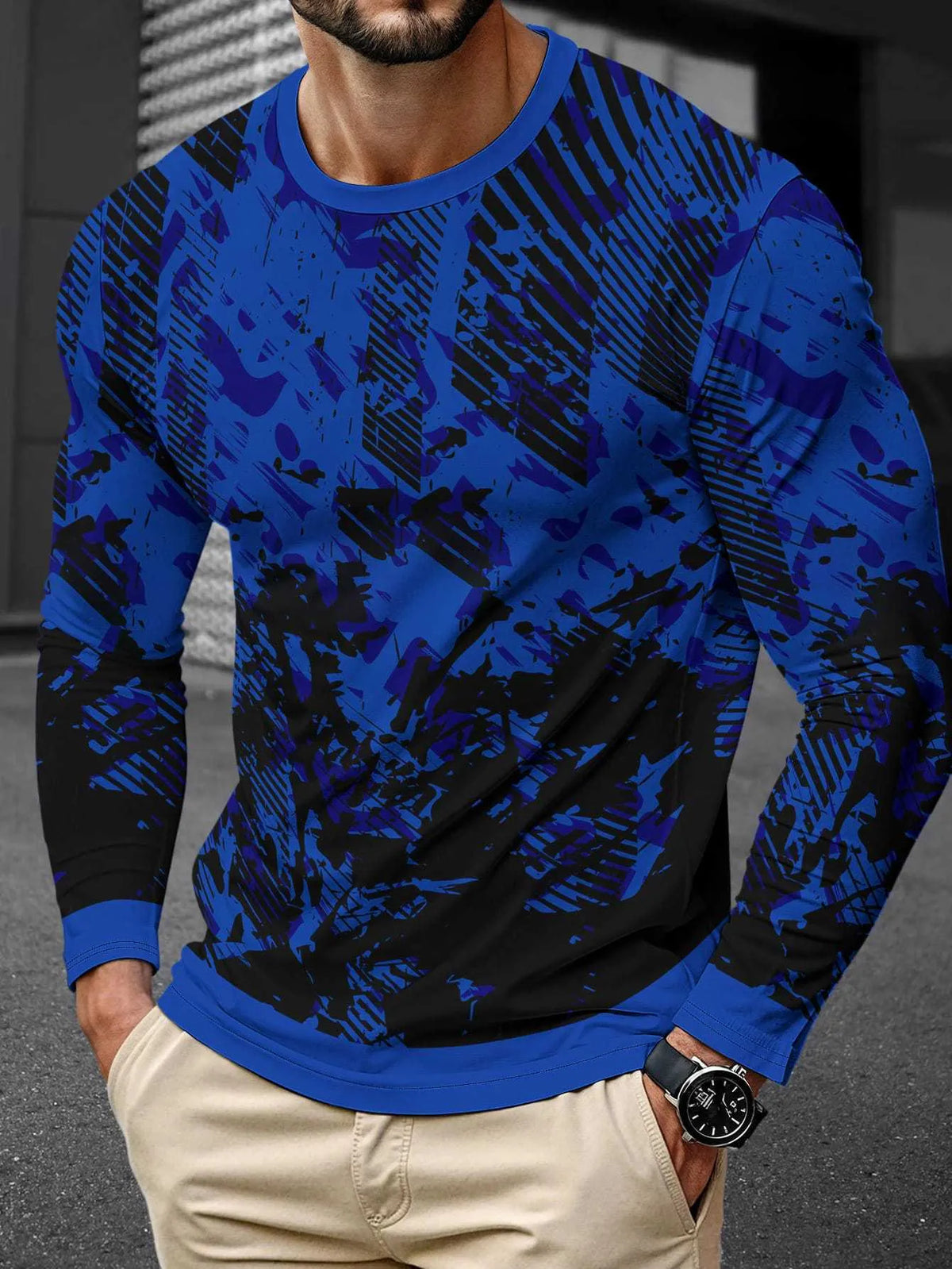 Man wearing a long sleeve milk silk pullover in a round neck, Young Casual style.