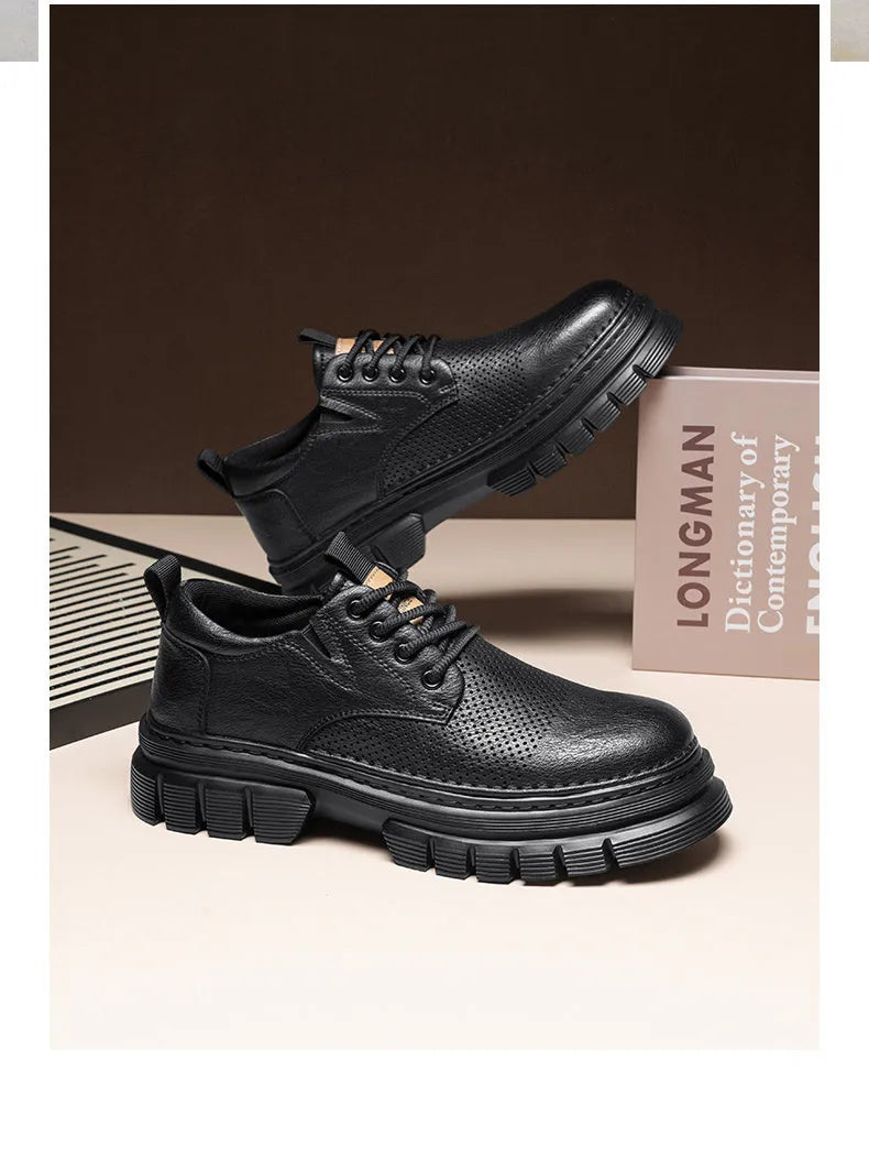 Men's black genuine leather platform shoes with lace-up closure and rubber sole