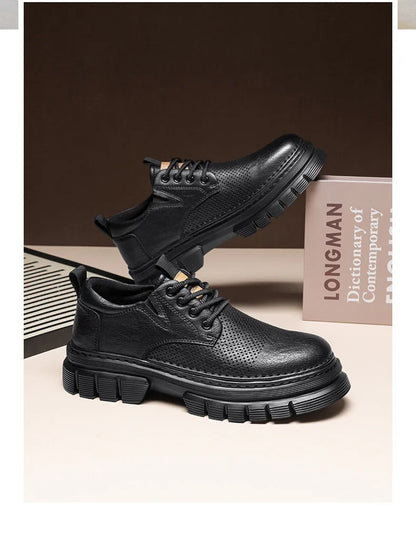 Men's black genuine leather platform shoes with lace-up closure and rubber sole