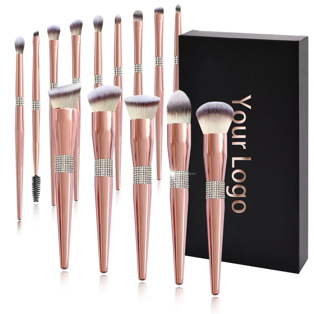 Rose gold electroplated makeup brush set with 14 pieces showing 20cm length and PU storage bag