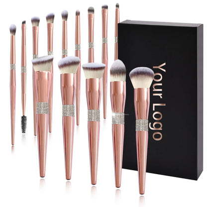 Rose gold electroplated makeup brush set with 14 pieces showing 20cm length and PU storage bag