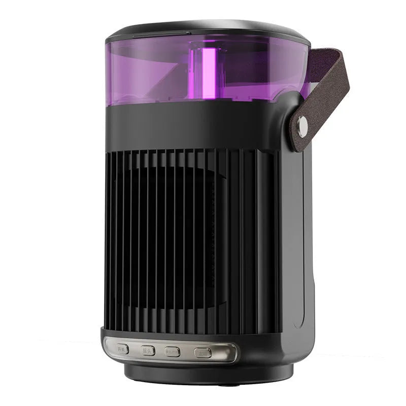 Black portable heater with humidifier measuring 24x13x13cm with front control panel and shaking head mechanism
