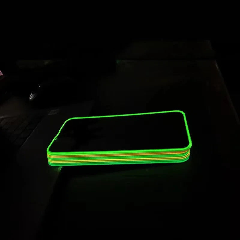 Fluorescent tempered glass screen protector for iPhone with luminous glow in pink, yellow, green, blue, and grass green colours