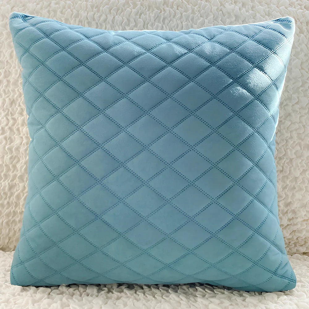 45cm square velvet cushion in Gentleman's Grid colour with PP cotton filler on grey sofa