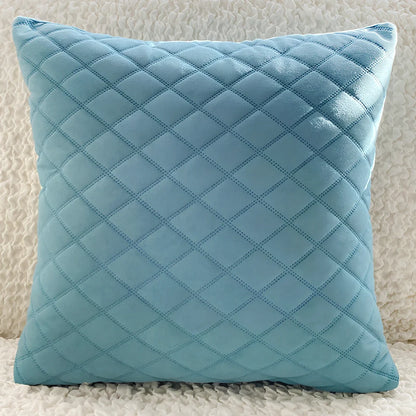 45cm square velvet cushion in Gentleman's Grid colour with PP cotton filler on grey sofa
