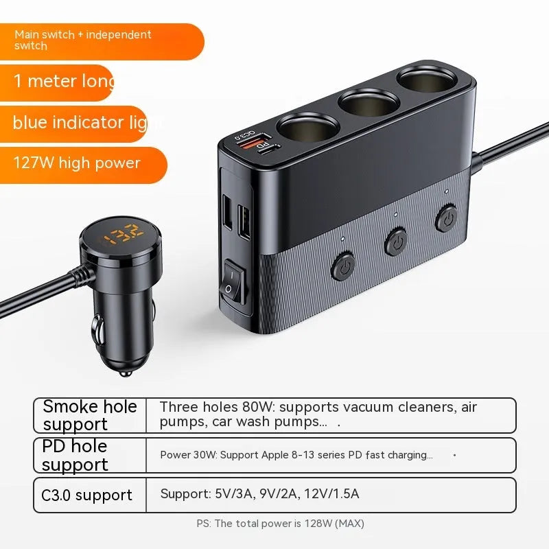 Black vehicle cigarette lighter charger with multiple USB ports and 1m cable
