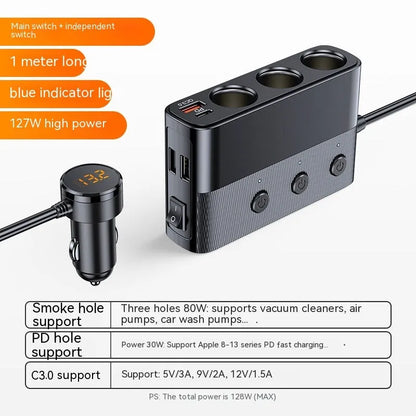 Black vehicle cigarette lighter charger with multiple USB ports and 1m cable
