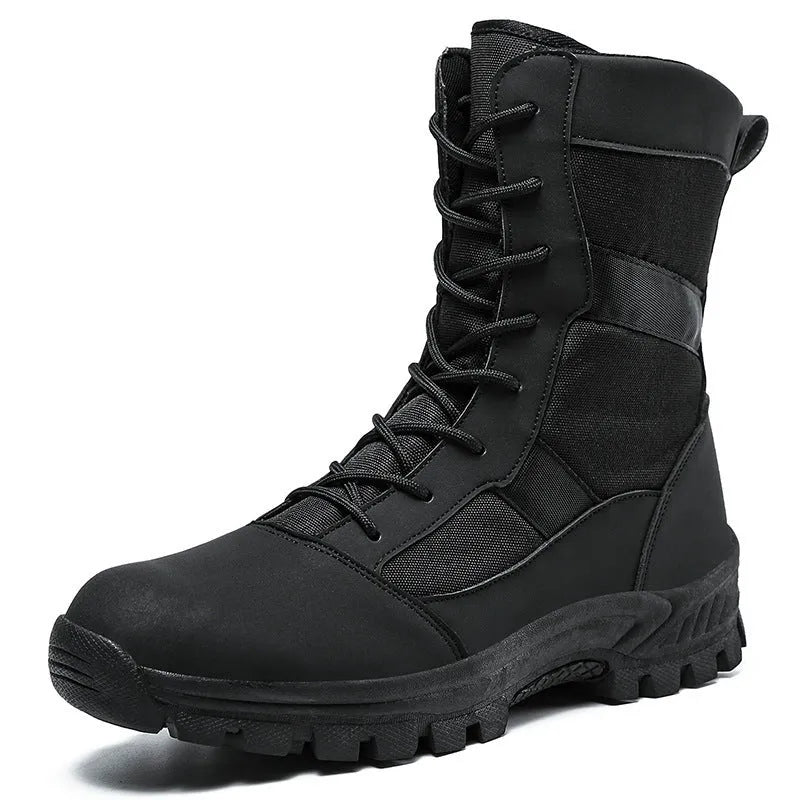 Men's plus size high-top Martin boots with mesh upper and totem detailing in black and camouflage colours