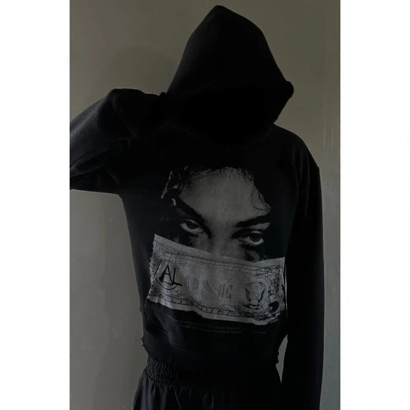 Black women's hooded sweater with printed cartoon design, loose fit casual wear