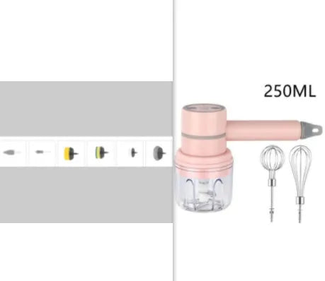 Green rechargeable electric hand mixer with whisk and beater attachments on a kitchen counter