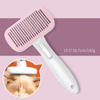 Blue automatic pet comb with one-click button for removing dog and cat hair on a table.