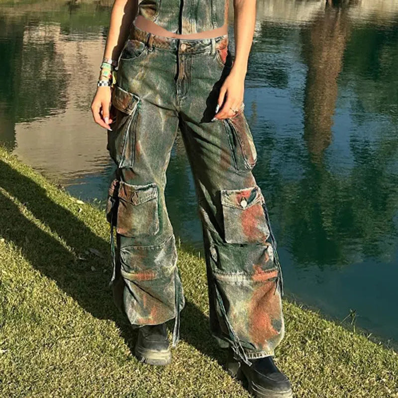 Loose fit cargo denim trousers with gradient colour bloom pockets in streetwear style
