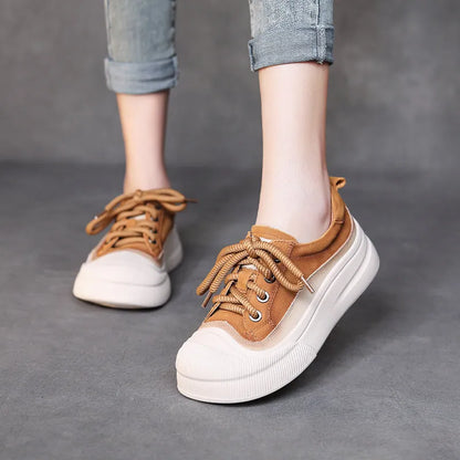 Women's yellow and brown cow leather lace-up casual shoes with round toe