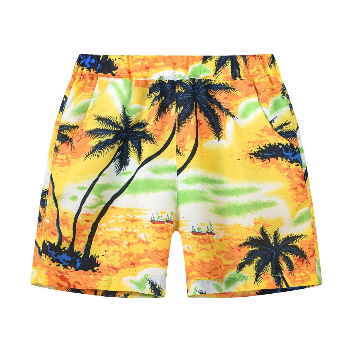 Multi-colour printed beach shorts with hairband belt on a mid-waist, shown in a casual summer style.