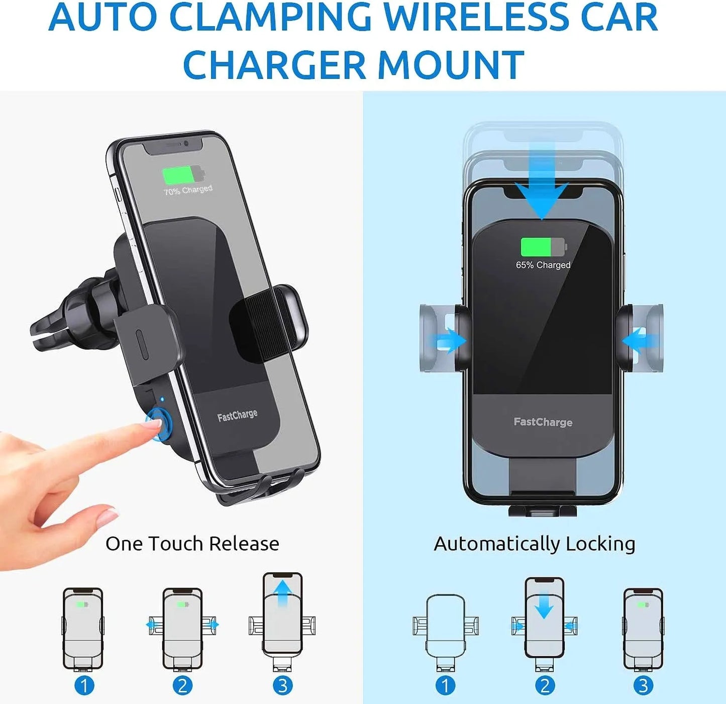 Black bare metal car wireless charging stand with 15W fast charging, shown with air vent clip and dashboard tripod.