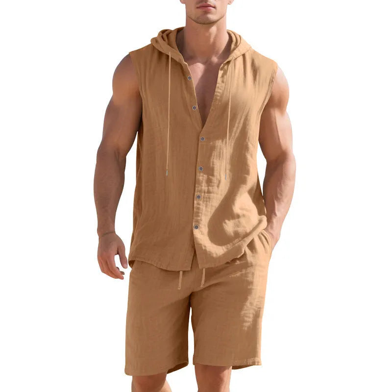 Men's linen sleeveless shirt and shorts suit in multiple colour options
