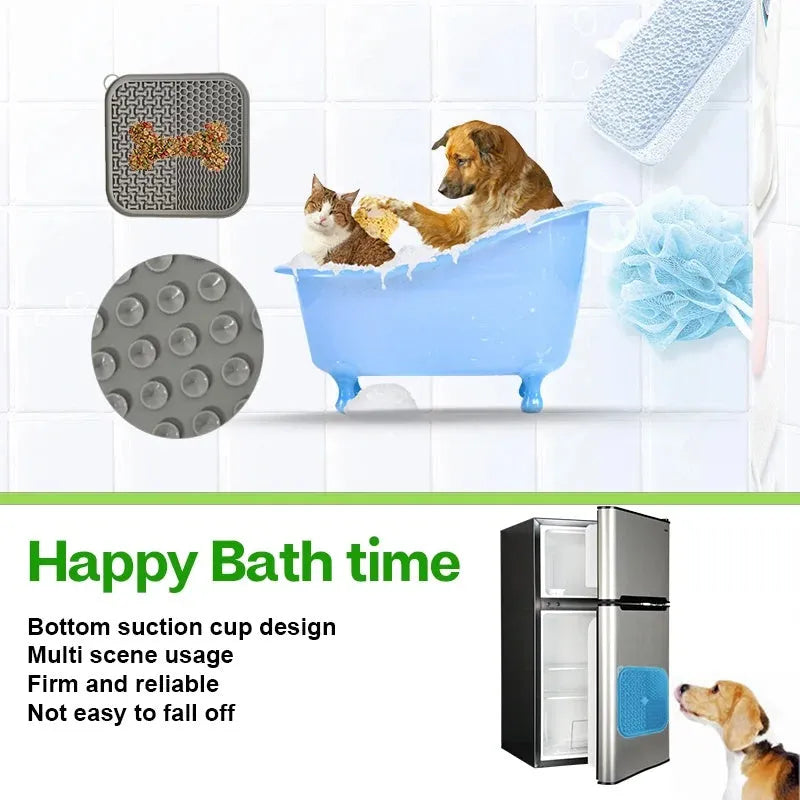 Square orange, grey, blue, and green silicone dog licking mat with suction cups on the base.