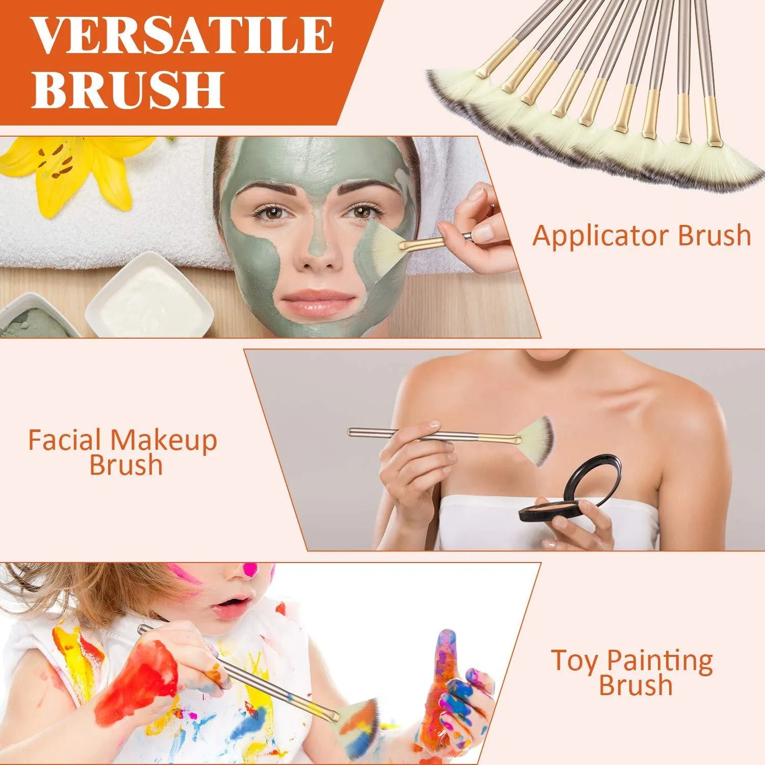 10 professional facial fan brushes with champagne finish and acrylic handles for makeup and facial treatments