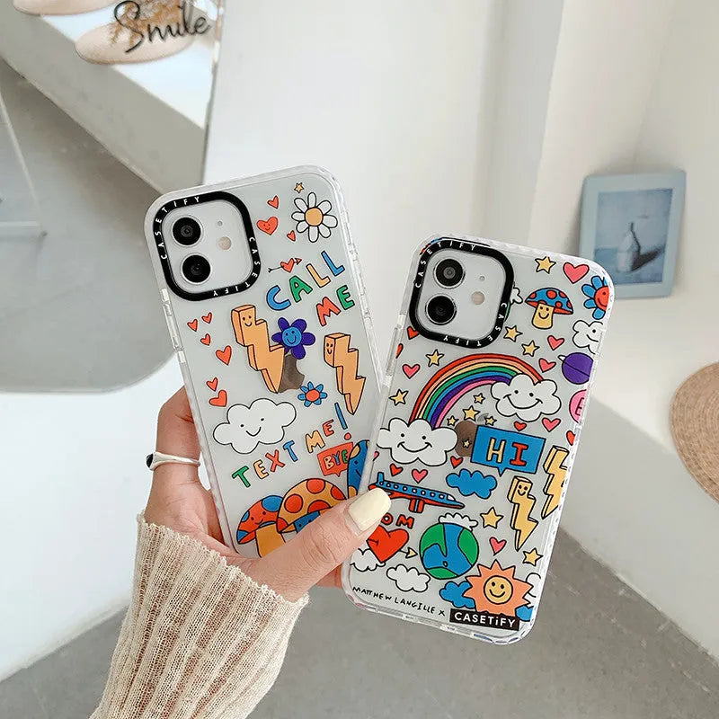 Graffiti TPU Phone Case for iPhone XR 11 12 13 Pro Max Back Cover High Transparency Lightning Mushroom Rainbow Camouflage Geometry Letters Machined Protective Shell