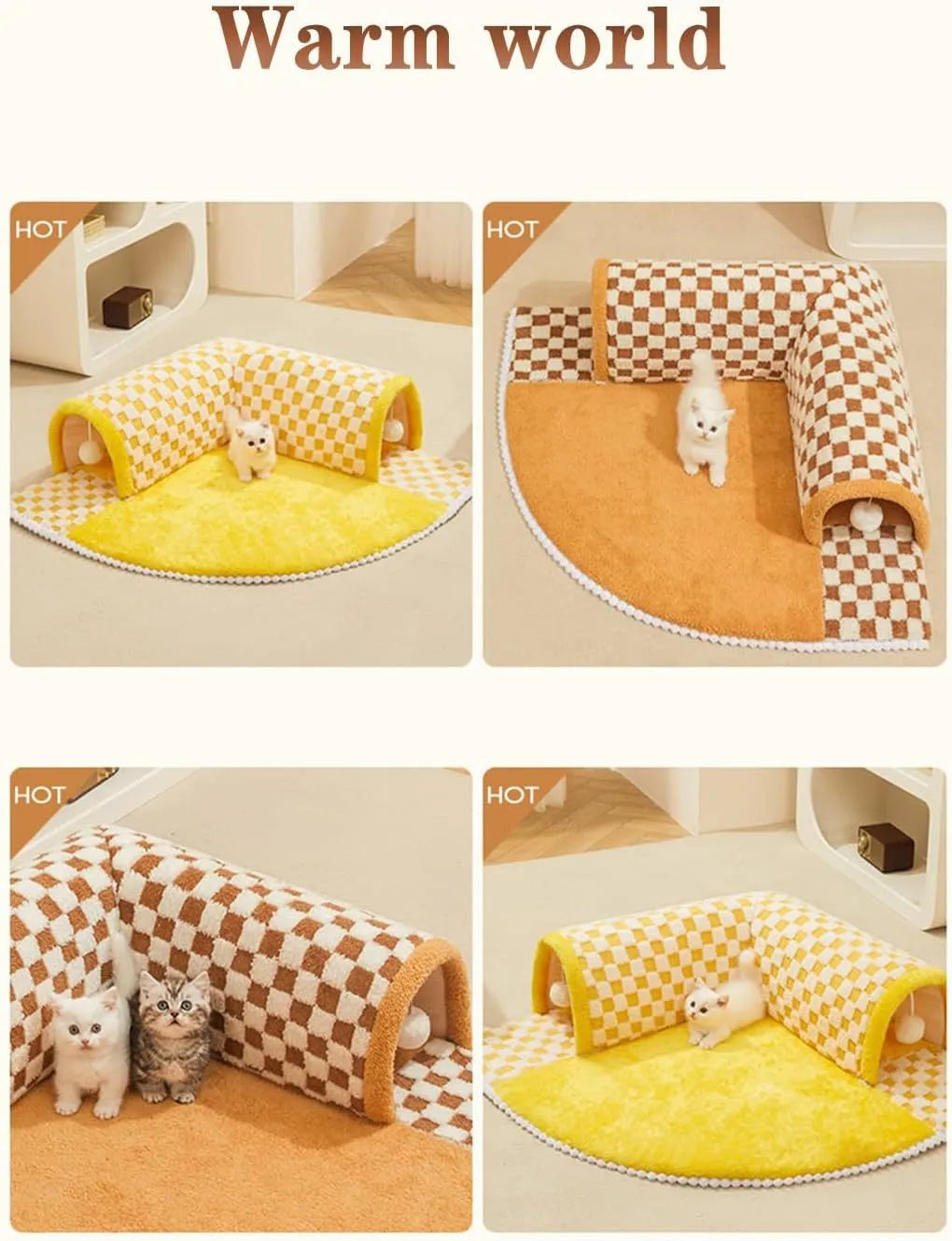 Brown plush plaid cat tunnel bed with central mat showing non-slip bottom and tunnel opening
