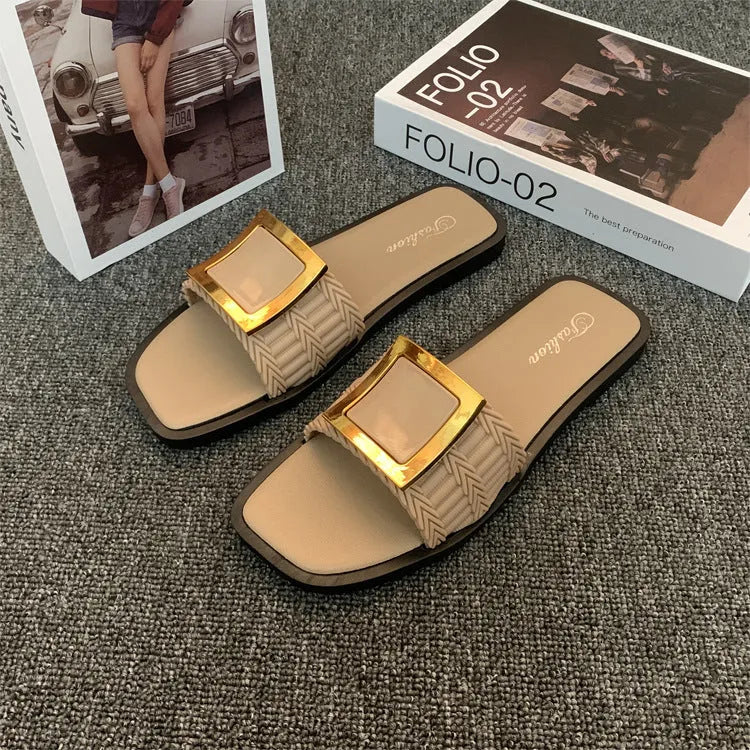 Women's summer flat slippers with PVC sole in apricot, black or khaki colours