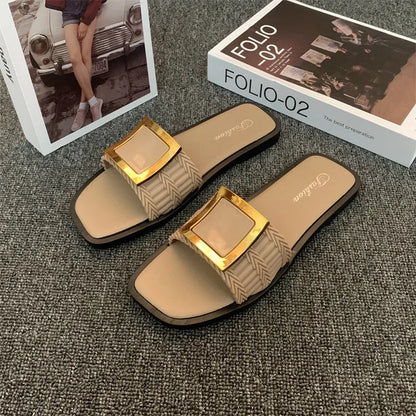 Women's summer flat slippers with PVC sole in apricot, black or khaki colours