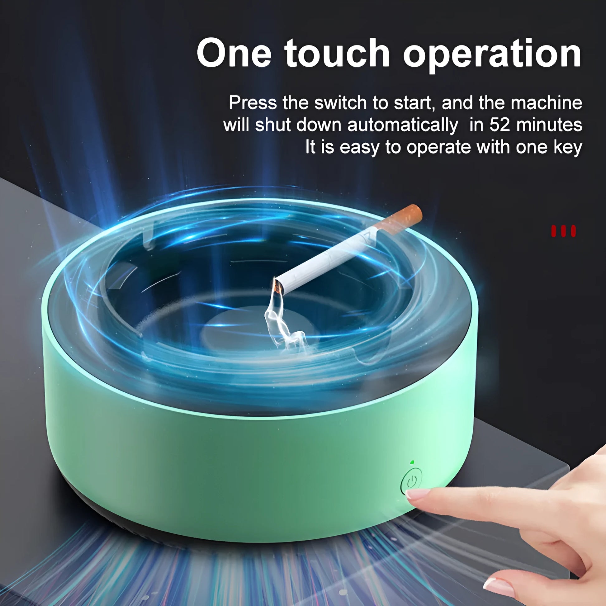 Grey intelligent electronic air purifier ashtray with fan, shown on a desk next to a cigarette.