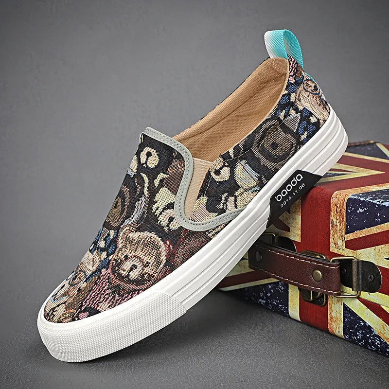 Low-top canvas slip-on sneakers with a vulcanised rubber sole in khaki colour on a neutral background.