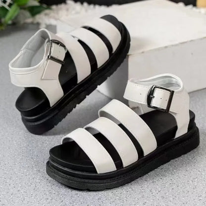 Outdoor sandals with a thick rubber sole, PU upper, and an adjustable buckle strap over the foot.