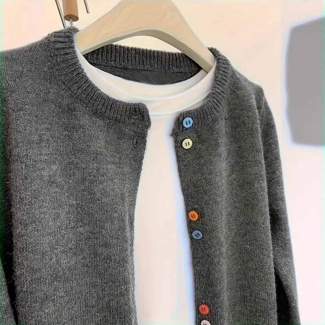 Dark grey women's polyester cardigan with button front and long sleeves