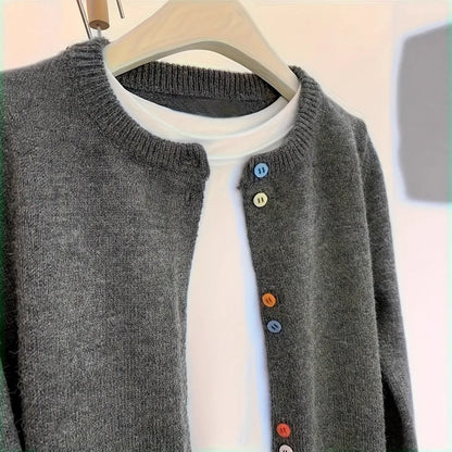 Dark grey women's polyester cardigan with button front and long sleeves