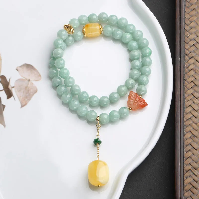 Double-layer retro women's bracelet with jade round beads and beeswax barrel beads in geometric design