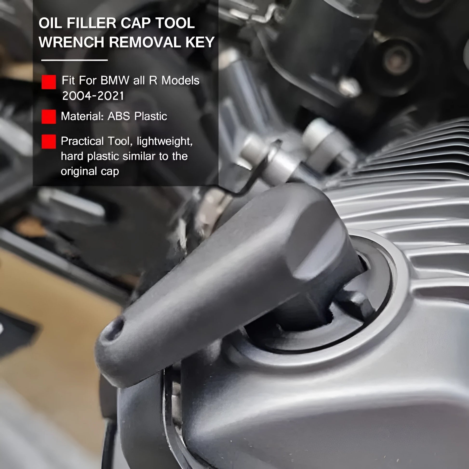 Black nylon quick-release wrench for BMW motorcycle oil cap on white background