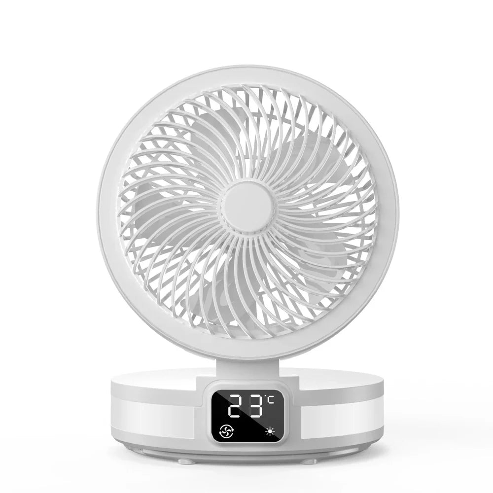 Black 7-inch portable folding desk fan with hook, LED, and temperature display on white background
