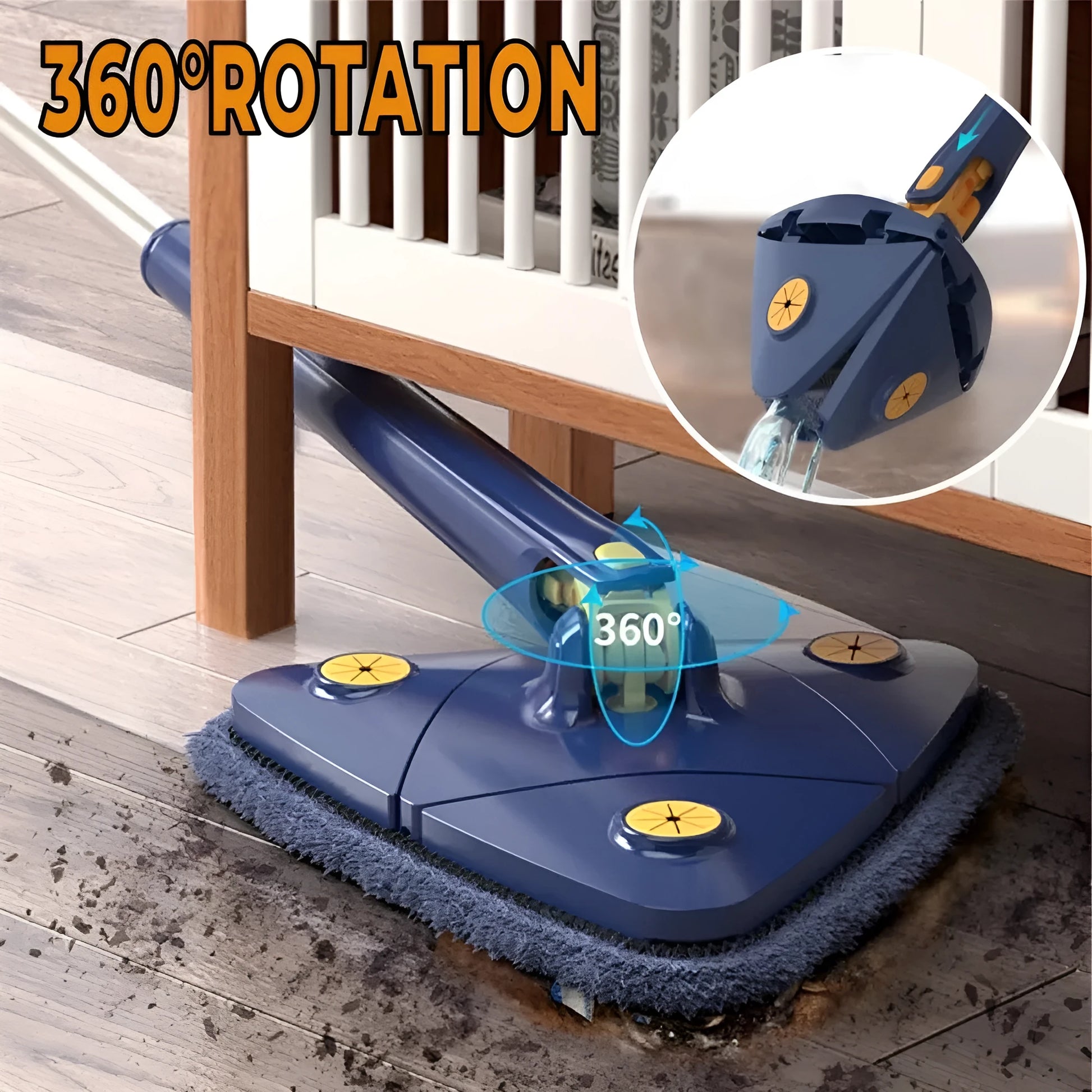 Blue extendable triangle cleaning mop with rotating head on a stainless steel pole.