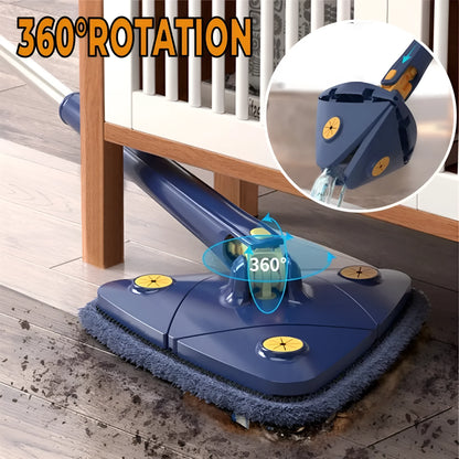 Blue extendable triangle cleaning mop with rotating head on a stainless steel pole.