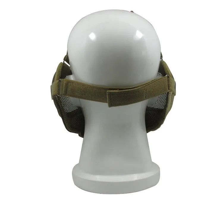 Carbon steel net protective face mask in camouflage pattern for outdoor field use.