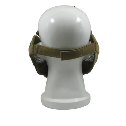 Carbon steel net protective face mask in camouflage pattern for outdoor field use.