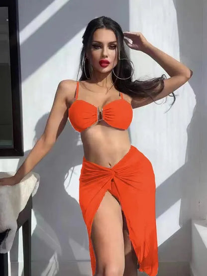 Women's multicolour French-style bikini three-piece set featuring a long culotte skirt.