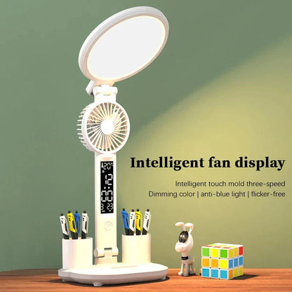 Multifunctional LED desk lamp with USB charging, adjustable brightness, and integrated fan for cooling and air circulation