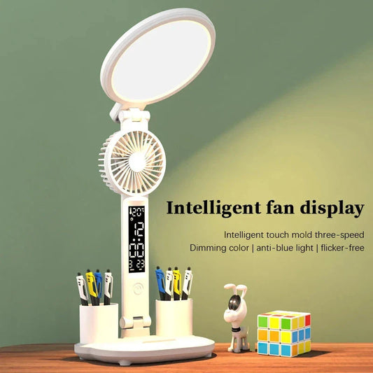 Multifunctional LED desk lamp with USB charging, adjustable brightness, and integrated fan for cooling and air circulation