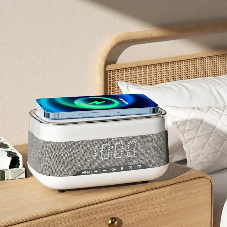Multifunctional Bluetooth alarm clock with wireless charging, night light, and premium speaker