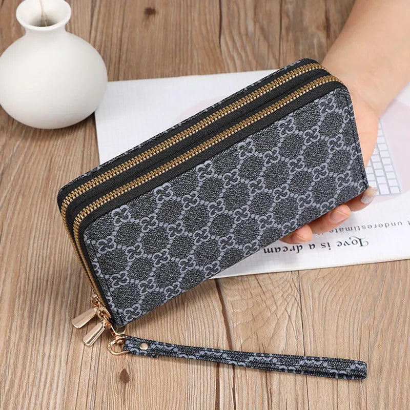 Black European retro style PU leather long wallet clutch open to show mobile phone pocket, coin purse, and zipper compartments