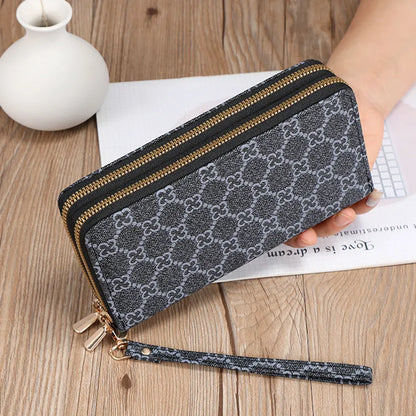 Black European retro style PU leather long wallet clutch open to show mobile phone pocket, coin purse, and zipper compartments