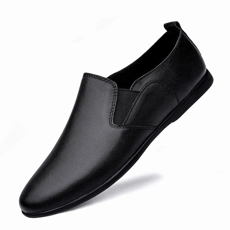 Men's black and brown leather dress shoes with round toe and breathable design