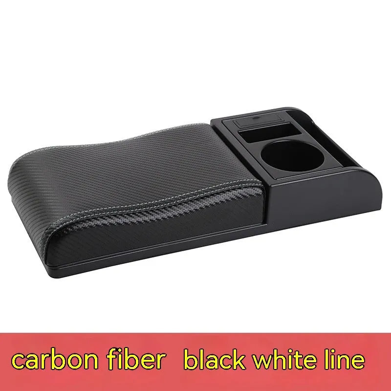 Universal plastic car armrest cover showing height increase with PU leather and carbon fibre surface options