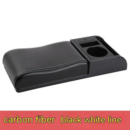 Universal plastic car armrest cover showing height increase with PU leather and carbon fibre surface options