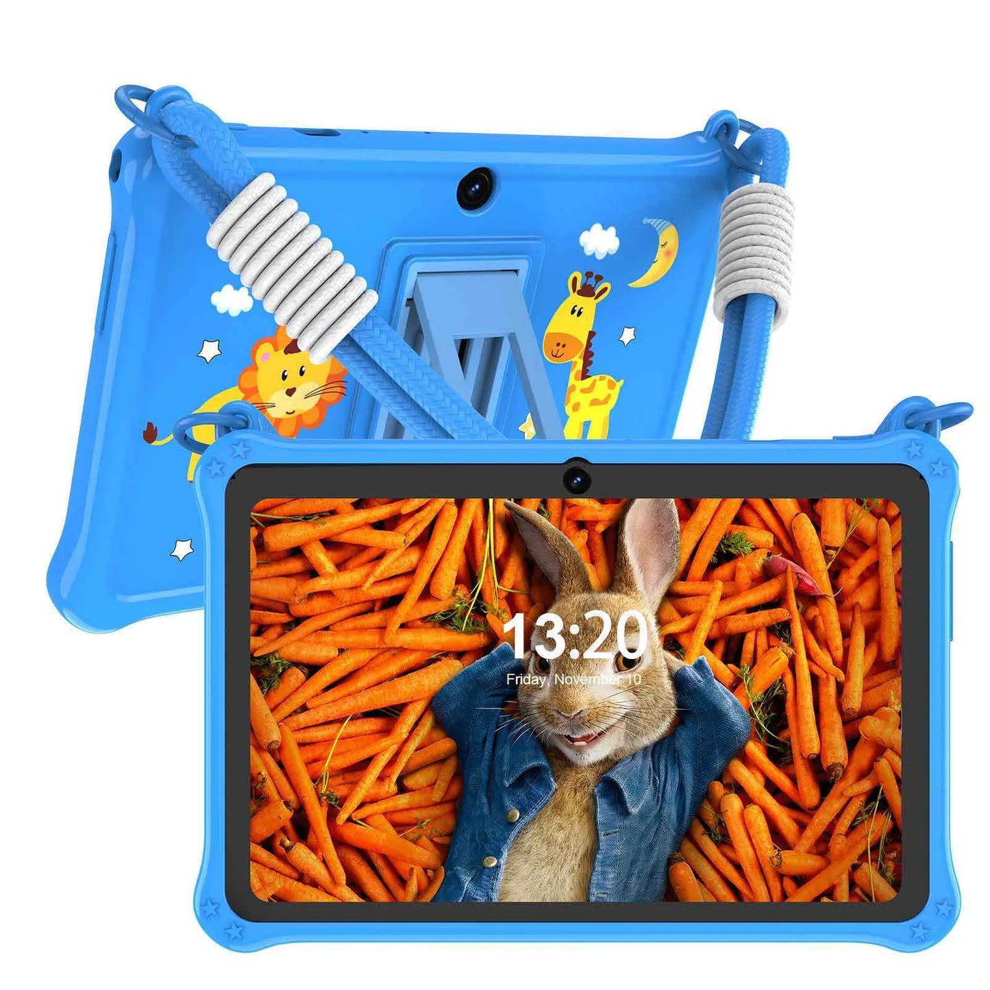 Blue silicone protective case with strap for a 7-inch children's tablet, shown with screen protector and cable.