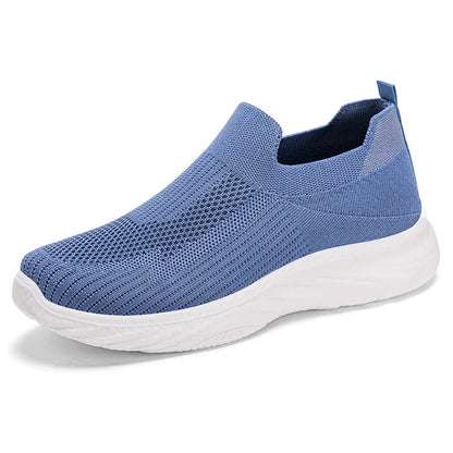 Women's Flyknit casual running shoes with soft PVC sole in black, grey, pink, and blue colour options.