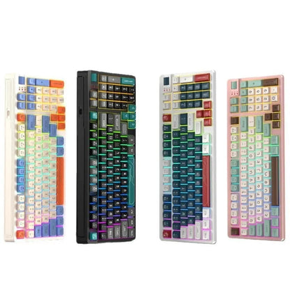 RGB illuminated plastic desktop keyboard with a long cable, shown in various colour options.